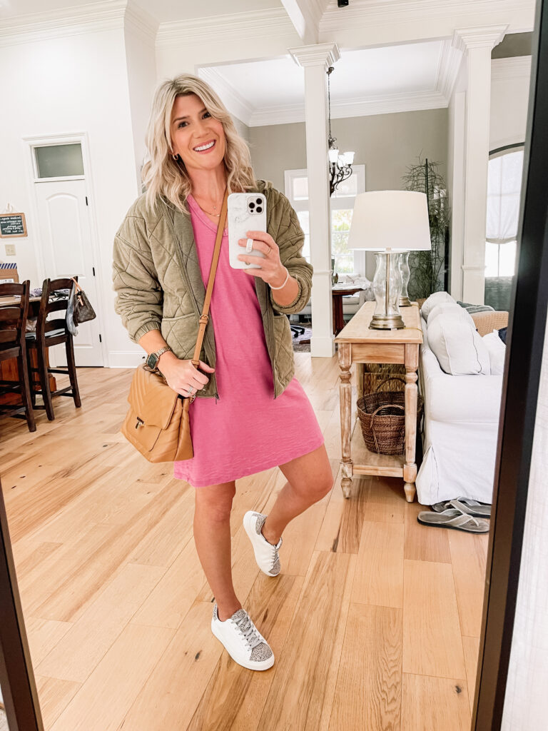 pink dress, quilted jacket, crossbody bag, sneakers